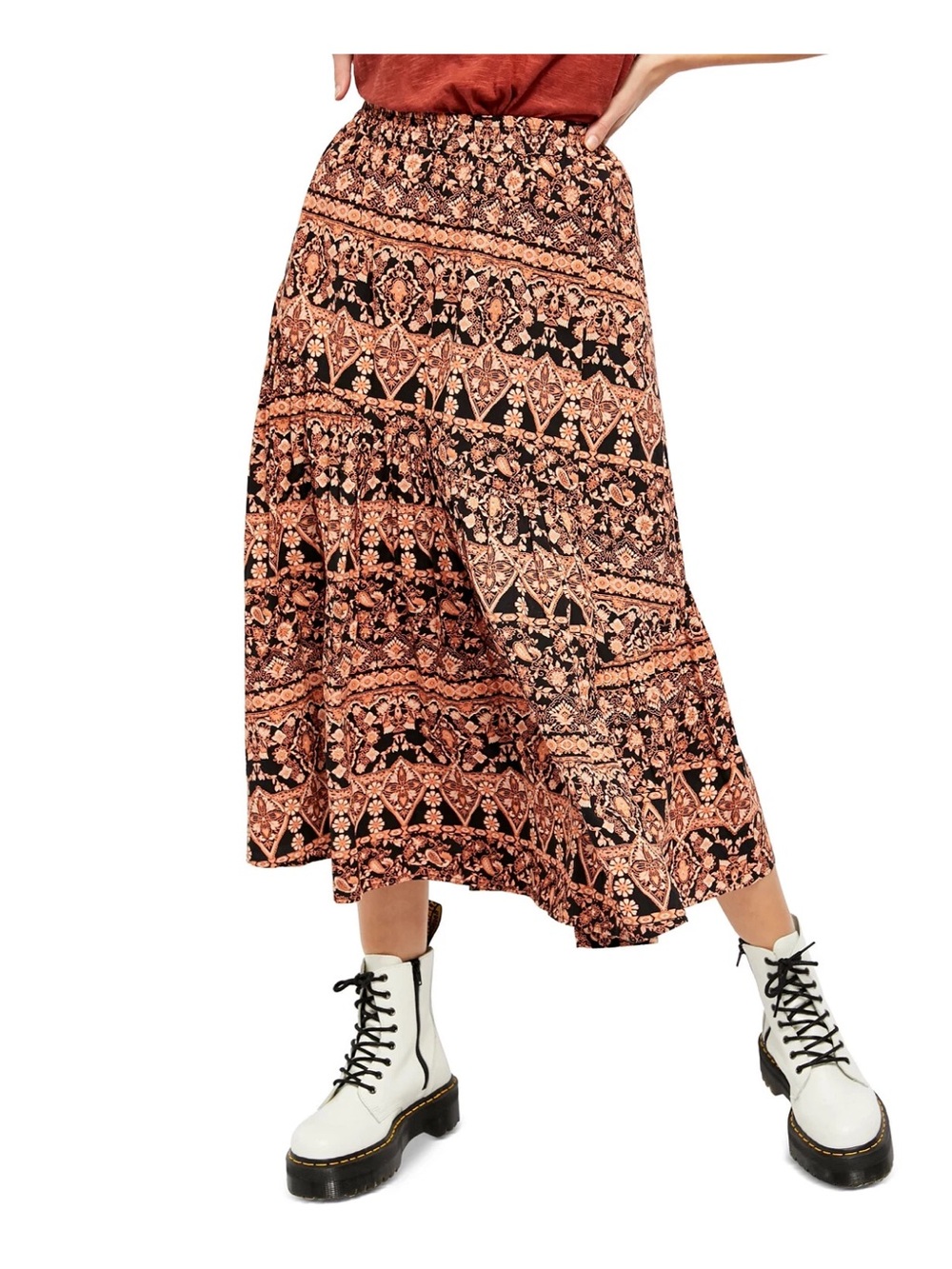 Free People Boho Tiered Maxi Skirt in Rust Floral Print S